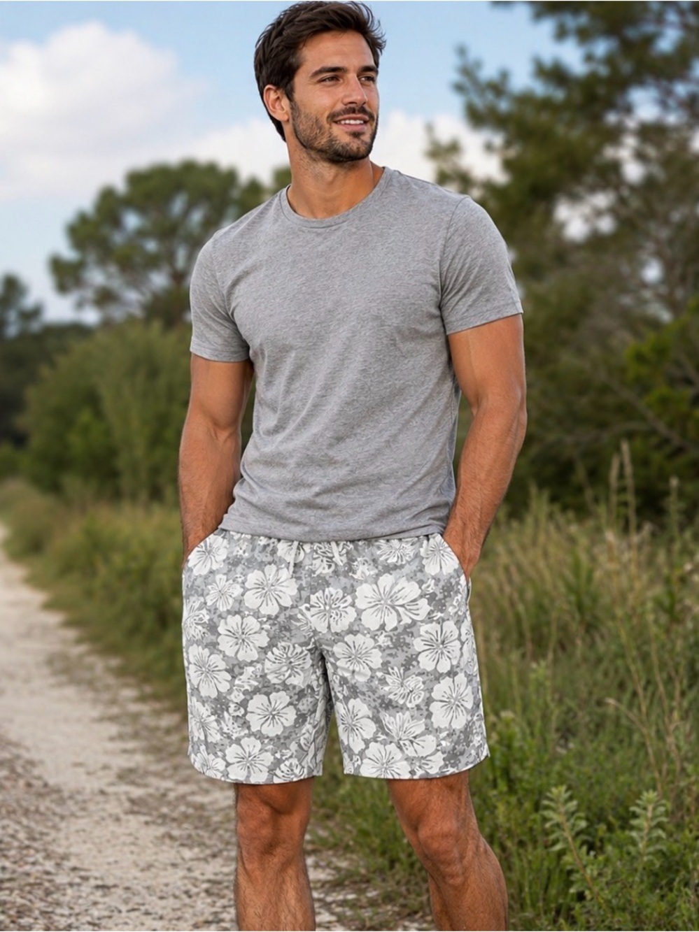 No Boundaries Men's Lounge Shorts Hawaiian Print Gray & Cream Size Large NWT